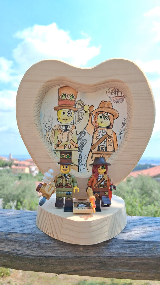 Cornice Artigianale in Legno con Pittura ad Acquerello e Coppia di Personaggi LEGO Originali