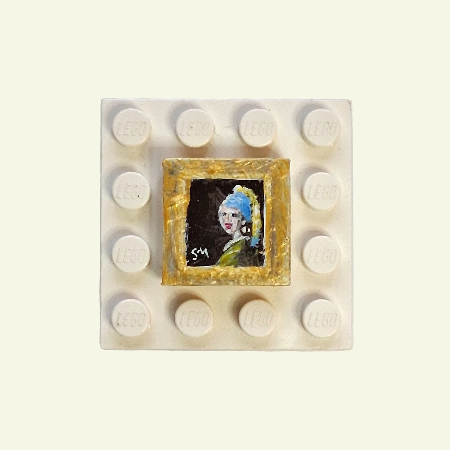 La Ragazza con l'Orecchino di Perla di Vermeer dipinta a mano su tile Lego 2x2